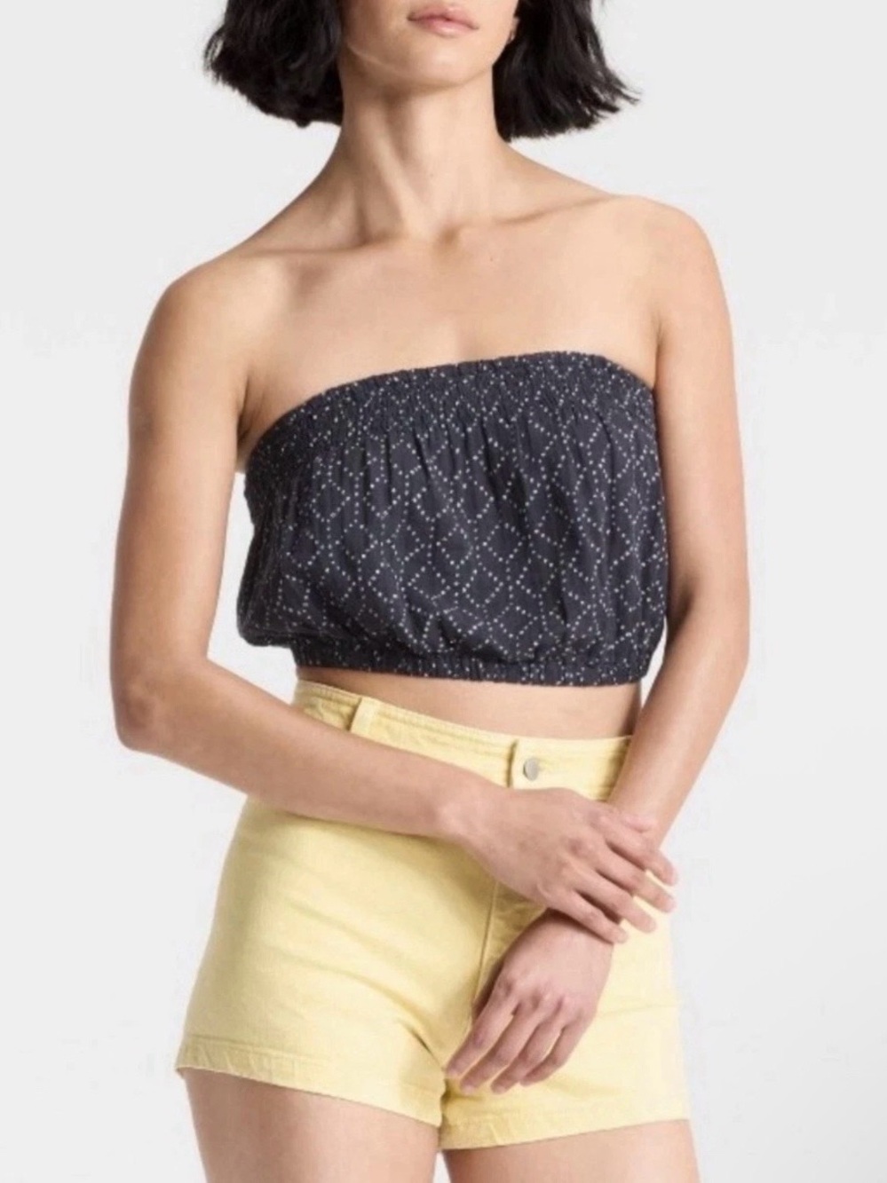 Universal Thread Black Strapless Smocked Crop Top with White Dot Print